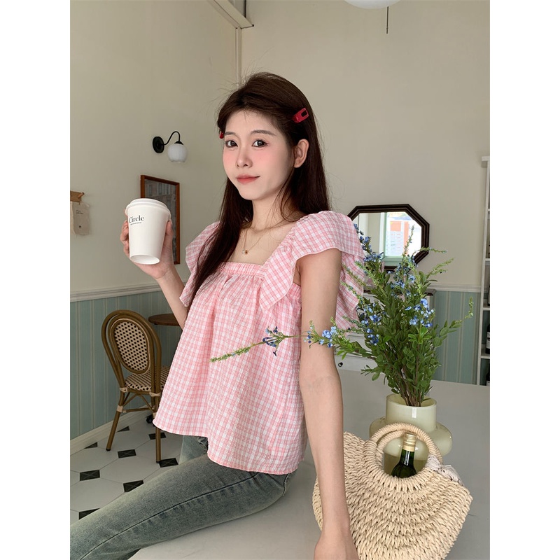 Jiashucheng Áo Sơ Mi Tay Bay Họa Tiết Kẻ Sọc Độc Đáo Thời Trang Mùa Hè