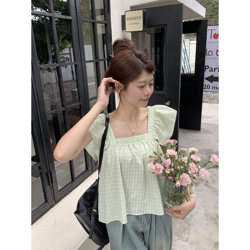 Jiashucheng Áo Sơ Mi Tay Bay Họa Tiết Kẻ Sọc Độc Đáo Thời Trang Mùa Hè