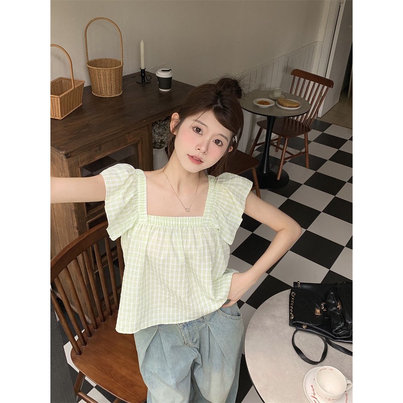 Jiashucheng Áo Sơ Mi Tay Bay Họa Tiết Kẻ Sọc Độc Đáo Thời Trang Mùa Hè