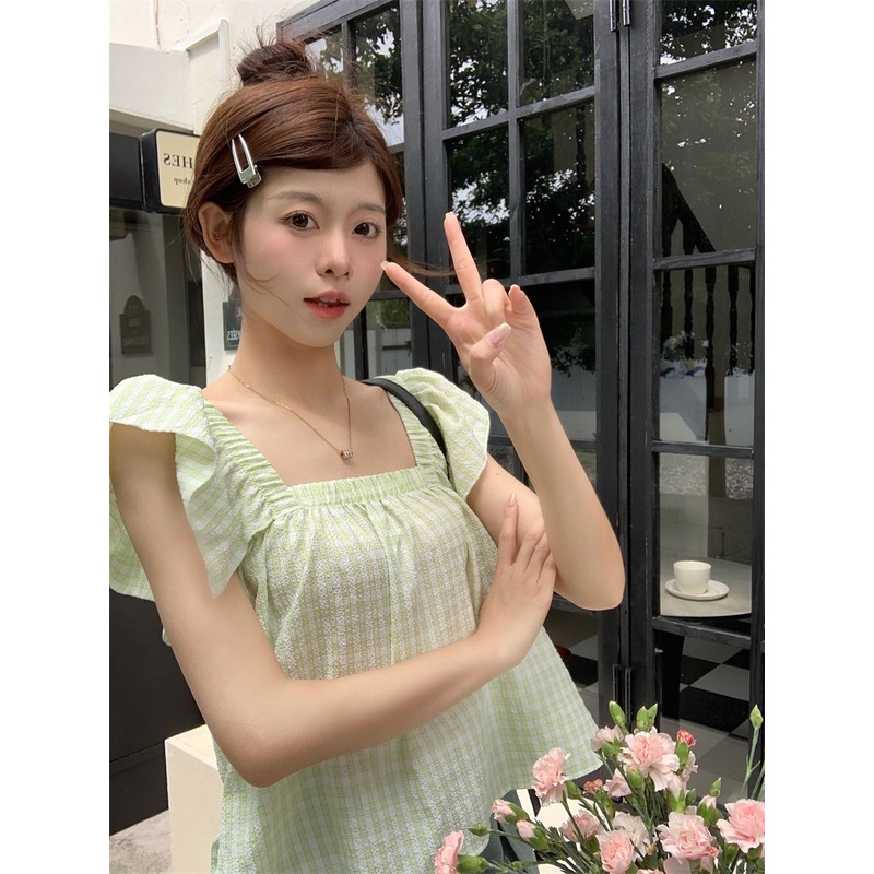 Jiashucheng Áo Sơ Mi Tay Bay Họa Tiết Kẻ Sọc Độc Đáo Thời Trang Mùa Hè