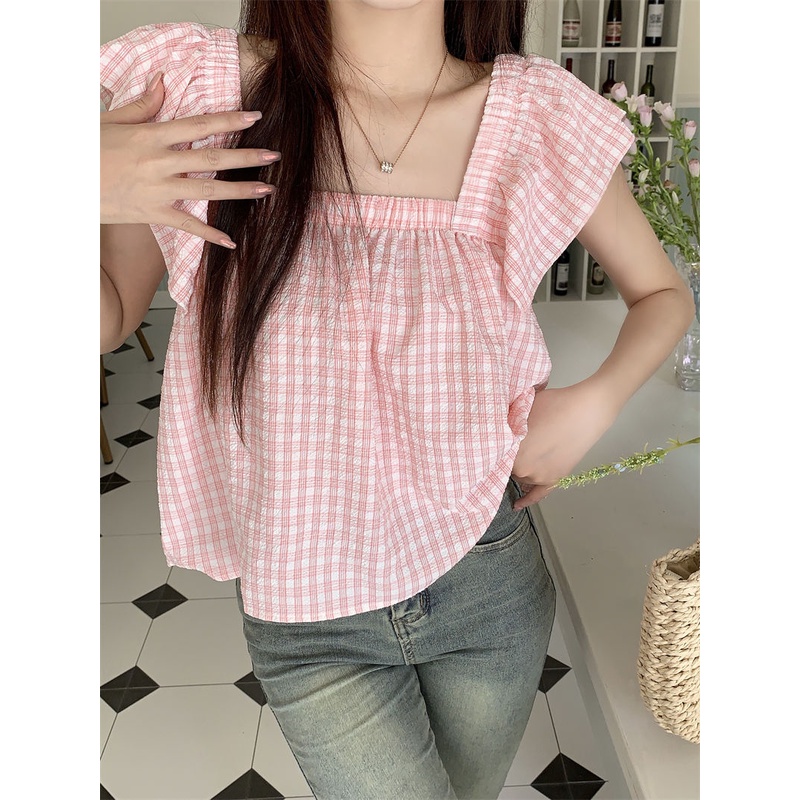 Jiashucheng Áo Sơ Mi Tay Bay Họa Tiết Kẻ Sọc Độc Đáo Thời Trang Mùa Hè