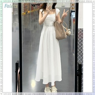 Váy 2 dây dáng dài váy đi biển maxi Váy Liền Màu Trắng Cho Nữ Váy Hai Dây Tay Bay Giả Kiểu Pháp Váy Dài