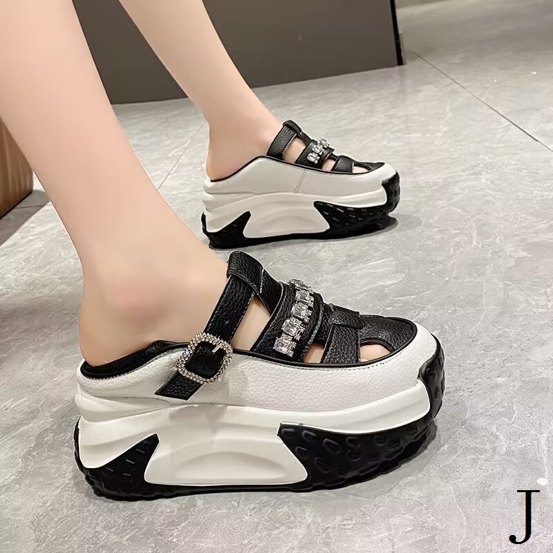 Giày Sandal Da Thật Đế Dày 6cm Đục Lỗ Đính Đá Thời Trang Mùa Hè 2023 Cho Nữ