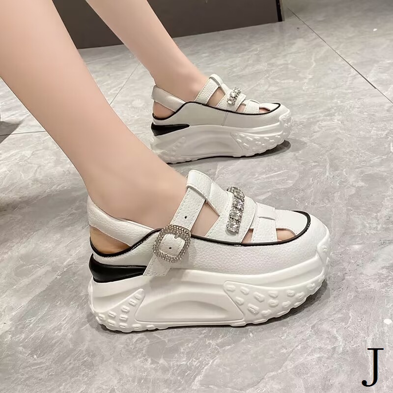 Giày Sandal Da Thật Đế Dày 6cm Đục Lỗ Đính Đá Thời Trang Mùa Hè 2023 Cho Nữ