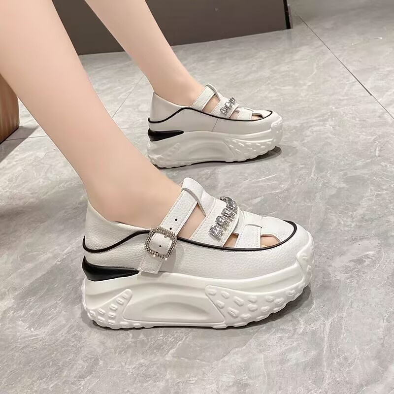 Giày Sandal Da Thật Đế Dày 6cm Đục Lỗ Đính Đá Thời Trang Mùa Hè 2023 Cho Nữ