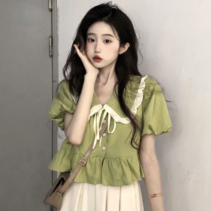 Jiashucheng Áo Sơ Mi Tay Phồng Ngắn Phong Cách Pháp Thời Trang Mùa Hè Xinh Xắn Cho Nữ