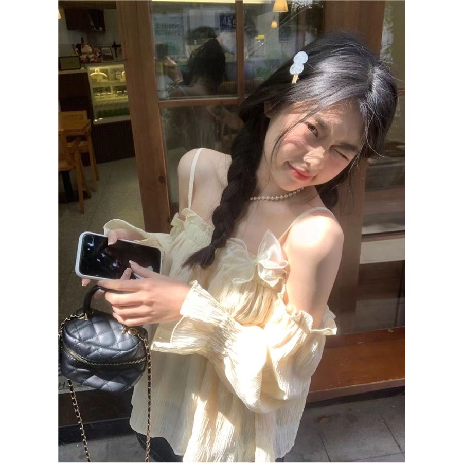 Jiashucheng Áo Sơ Mi Ngắn Xếp Ly Tay Dài Một Dây Xếp Ly Thắt Nơ Phong Cách Desire Ngọt Ngào Mùa Xuân Hè