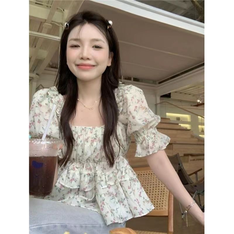Jiashucheng Áo Sơ Mi Tay Phồng Cổ Vuông Họa Tiết Hoa Phong Cách Pháp Thời Trang Mùa Hè Cho Nữ