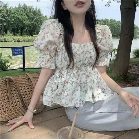 Jiashucheng Áo Sơ Mi Tay Phồng Cổ Vuông Họa Tiết Hoa Phong Cách Pháp Thời Trang Mùa Hè Cho Nữ
