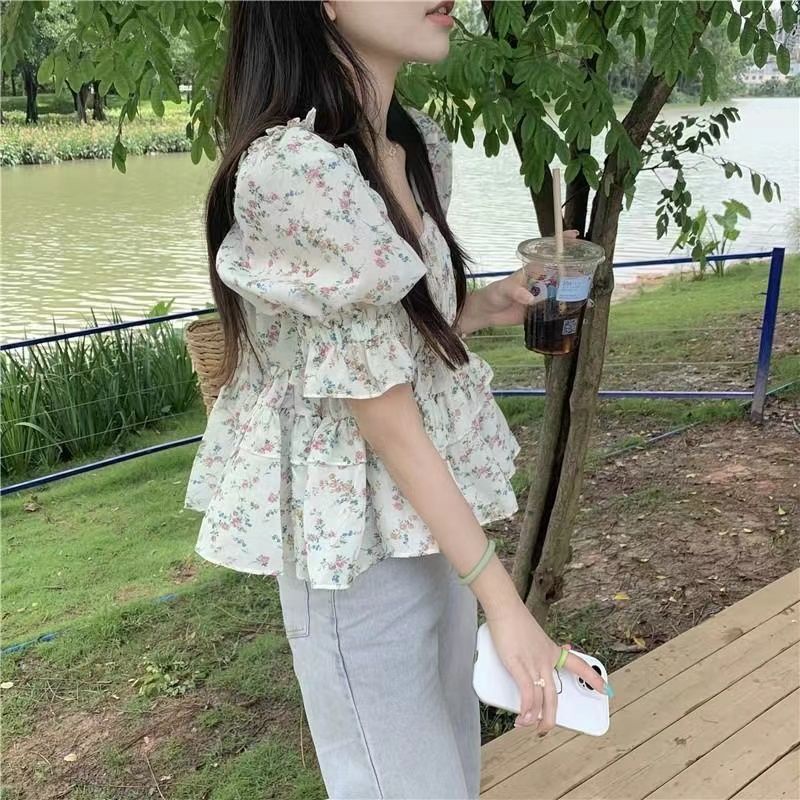Jiashucheng Áo Sơ Mi Tay Phồng Cổ Vuông Họa Tiết Hoa Phong Cách Pháp Thời Trang Mùa Hè Cho Nữ