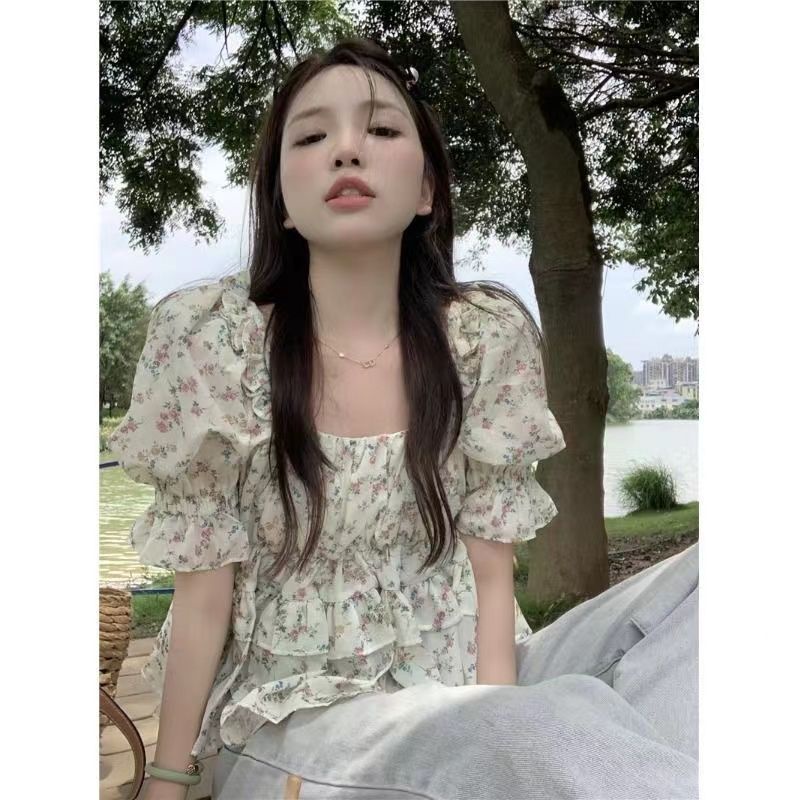 Jiashucheng Áo Sơ Mi Tay Phồng Cổ Vuông Họa Tiết Hoa Phong Cách Pháp Thời Trang Mùa Hè Cho Nữ