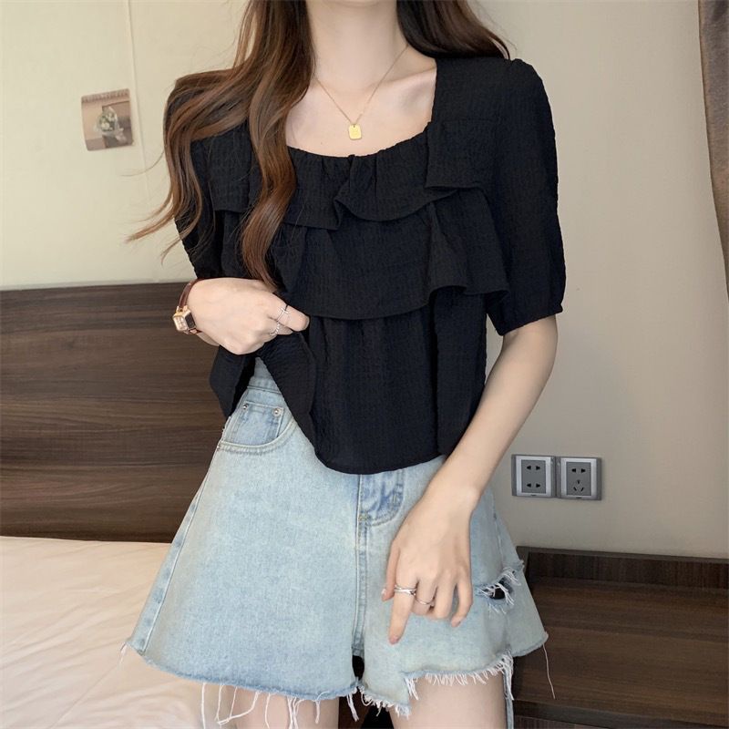 Jiashucheng Áo Sơ Mi Dáng Rộng Cổ Vuông Nhún Bèo Màu Trơn Phong Cách Phương Tây Hàn Quốc Thời Trang Mùa Hè Dành Cho Nữ