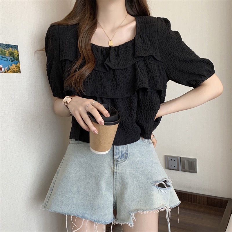 Jiashucheng Áo Sơ Mi Dáng Rộng Cổ Vuông Nhún Bèo Màu Trơn Phong Cách Phương Tây Hàn Quốc Thời Trang Mùa Hè Dành Cho Nữ