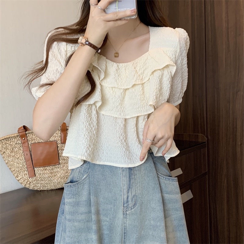 Jiashucheng Áo Sơ Mi Dáng Rộng Cổ Vuông Nhún Bèo Màu Trơn Phong Cách Phương Tây Hàn Quốc Thời Trang Mùa Hè Dành Cho Nữ