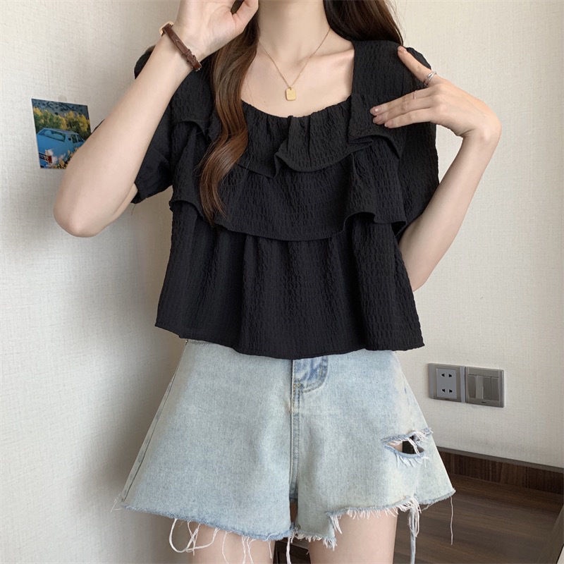Jiashucheng Áo Sơ Mi Dáng Rộng Cổ Vuông Nhún Bèo Màu Trơn Phong Cách Phương Tây Hàn Quốc Thời Trang Mùa Hè Dành Cho Nữ