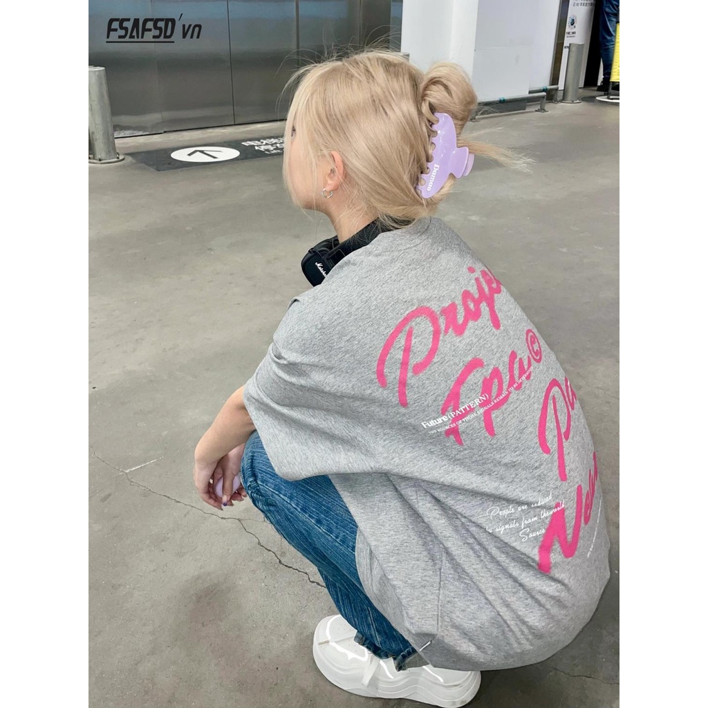 Áo Thun 100% Cotton Tay Ngắn Cổ Tròn Dáng Rộng In Chữ Thời Trang Mùa Hè Dành Cho Nữ