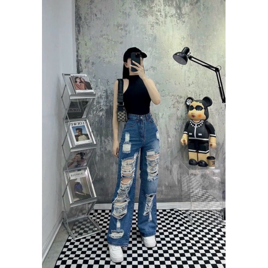 Sét Áo đen + ￼Quần jean nữ ống rộng, quần bò màu xanh đậm cạp cao rách tua rua cá tính siêu đẹp . Size SML