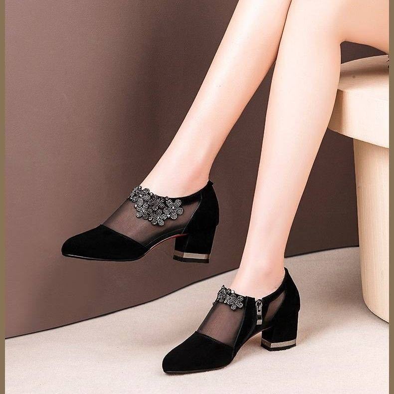 Giày Sandal Cao Gót Phối Lưới Thoáng Khí Phong Cách Xuân Thu Plus Size Cho Nữ