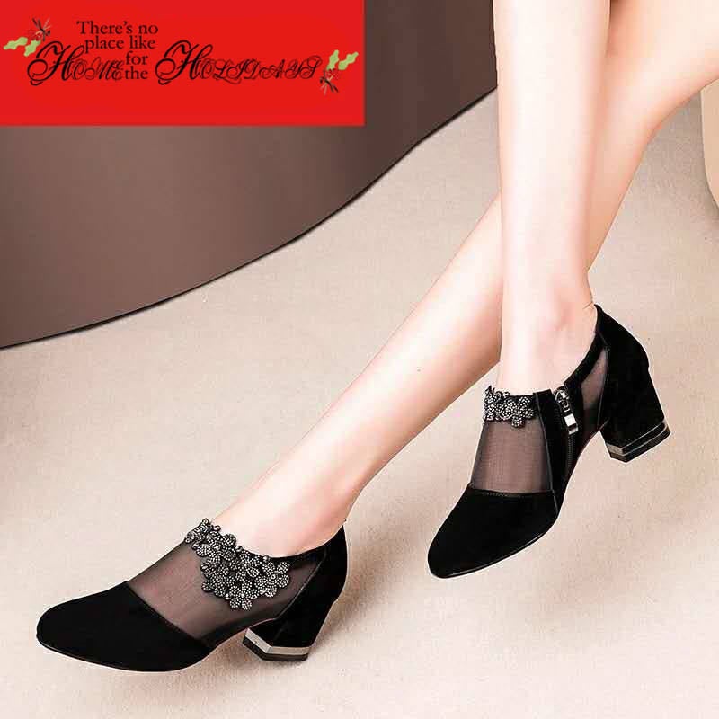 Giày Sandal Cao Gót Phối Lưới Thoáng Khí Phong Cách Xuân Thu Plus Size Cho Nữ