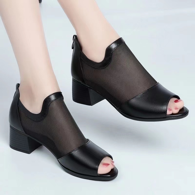 Giày Sandal Cao Gót Da Mềm Phối Lưới Rỗng Thời Trang Mùa Hè 2023 Cho Nữ