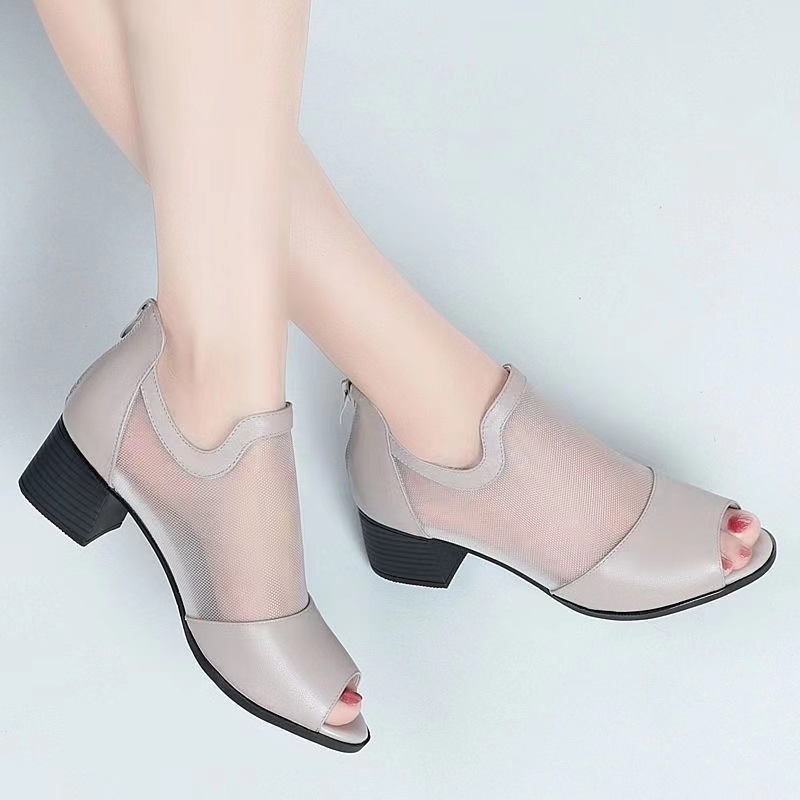 Giày Sandal Cao Gót Da Mềm Phối Lưới Rỗng Thời Trang Mùa Hè 2023 Cho Nữ