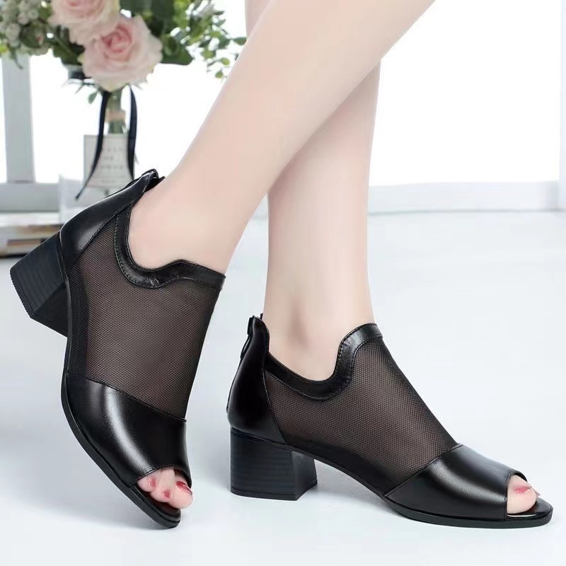 Giày Sandal Cao Gót Da Mềm Phối Lưới Rỗng Thời Trang Mùa Hè 2023 Cho Nữ