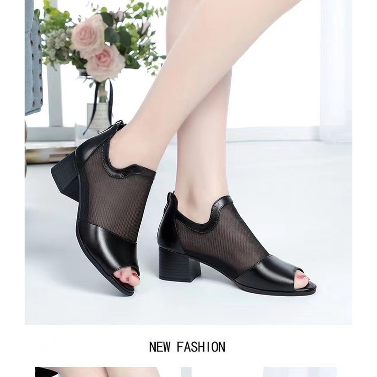 Giày Sandal Cao Gót Da Mềm Phối Lưới Rỗng Thời Trang Mùa Hè 2023 Cho Nữ