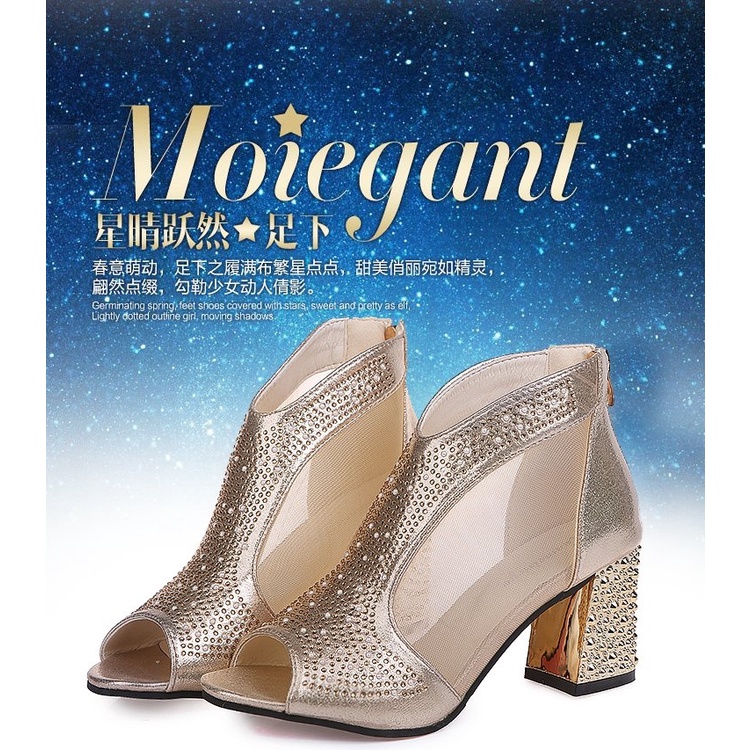 Giày Cao Gót Hở Mũi Phối Lưới Đính Đá Thời Trang Mùa Xuân Quyến Rũ Cho Nữ