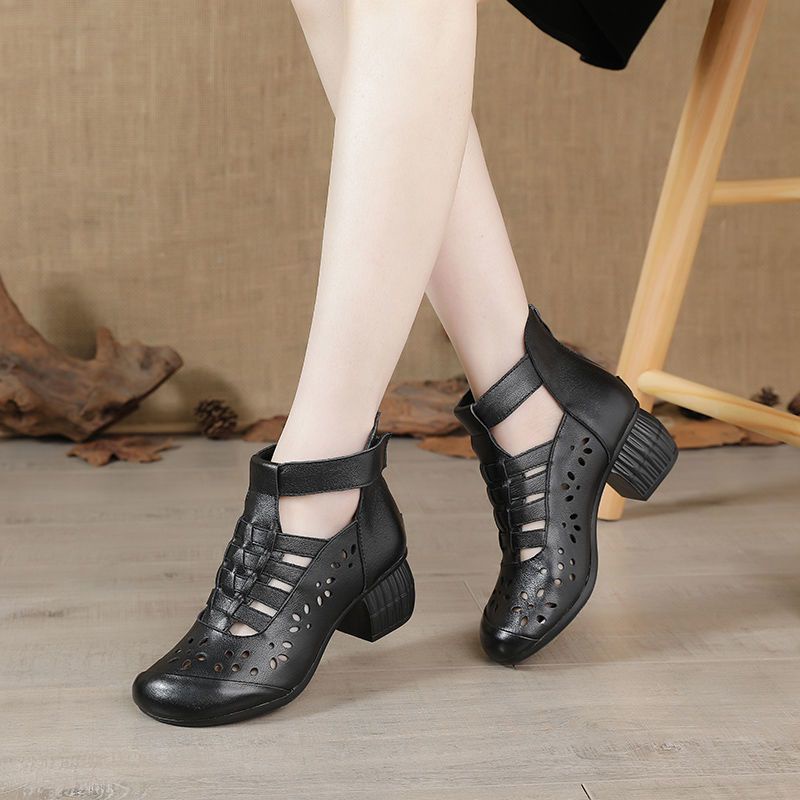 Giày Sandal Cao Gót Da Thật Mềm Đục Lỗ Thoáng Khí Thời Trang Mùa Hè 2023 Cho Nữ