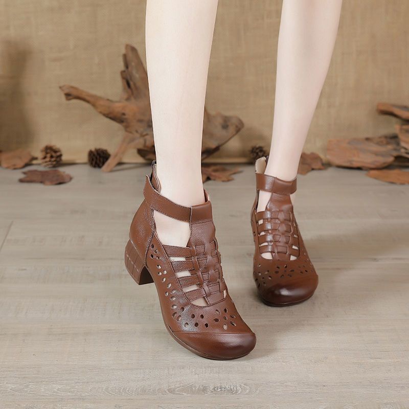 Giày Sandal Cao Gót Da Thật Mềm Đục Lỗ Thoáng Khí Thời Trang Mùa Hè 2023 Cho Nữ