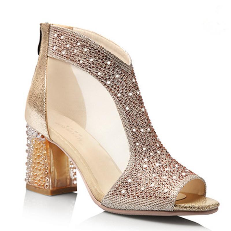 Giày Cao Gót Sandal Cao Gót Hở Ngón Có Dây Kéo Và Đá Giả Kim Cương Lấp Lánh Phong Cách Mới Mùa Hè Thu Dành Cho Bạn Nữ