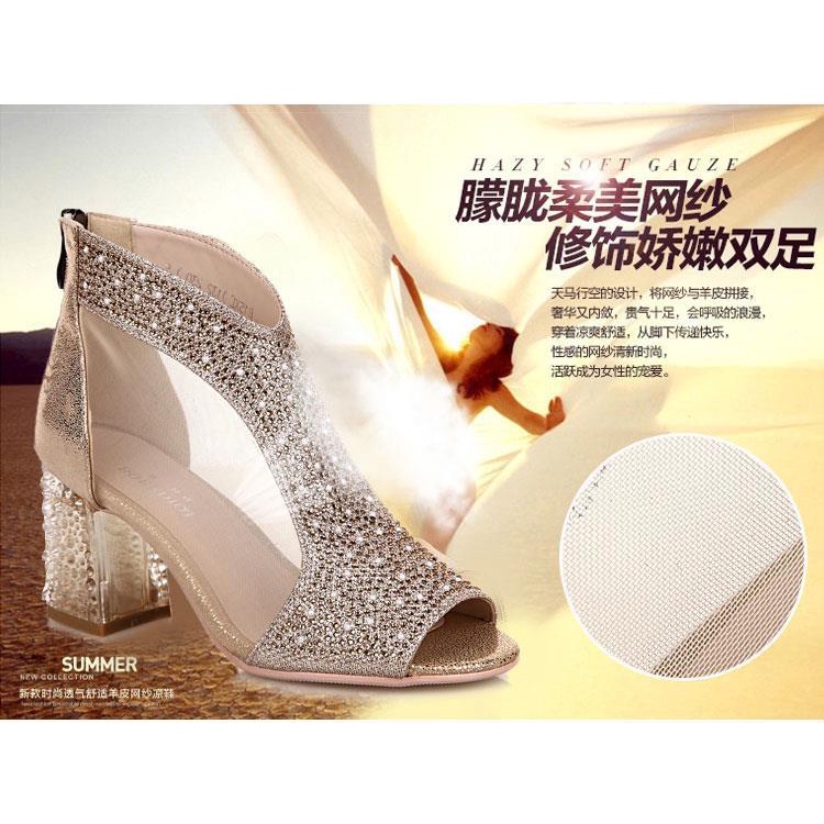 Giày Cao Gót Sandal Cao Gót Hở Ngón Có Dây Kéo Và Đá Giả Kim Cương Lấp Lánh Phong Cách Mới Mùa Hè Thu Dành Cho Bạn Nữ