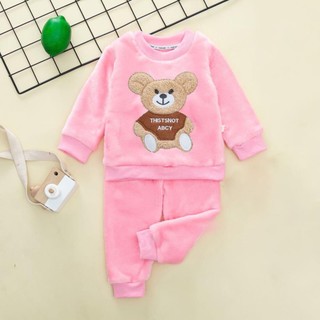 Bộ đồ ngủ lông cho bé, bộ lông gấu thêu hàng quảng châu mềm mịn không rụng lông cho bé trai bé gái 19-36KG