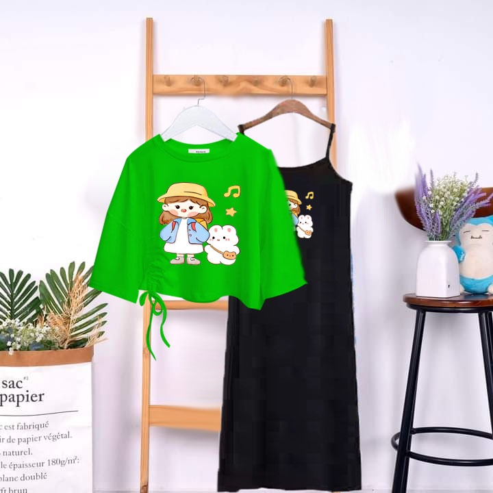 Sét 2 món áo crt rút dây bé thỏ kèm váy 2 dây (dài đến gối) chất cotton đủ size 9 đến 65kg