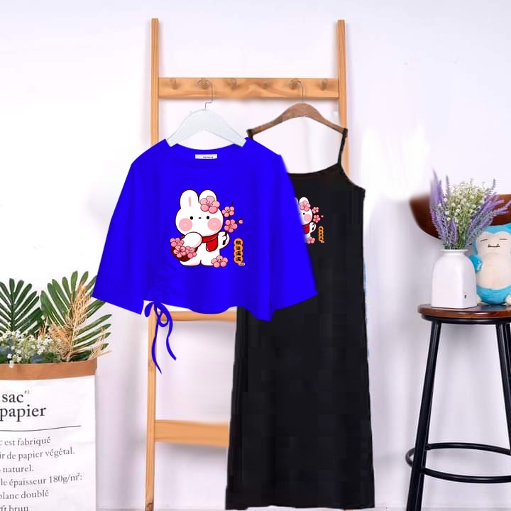 Sét 2 món áo crt rút dây thỏ trắng kèm váy 2 dây (dài đến gối) chất cotton đủ size 9 đến 65kg