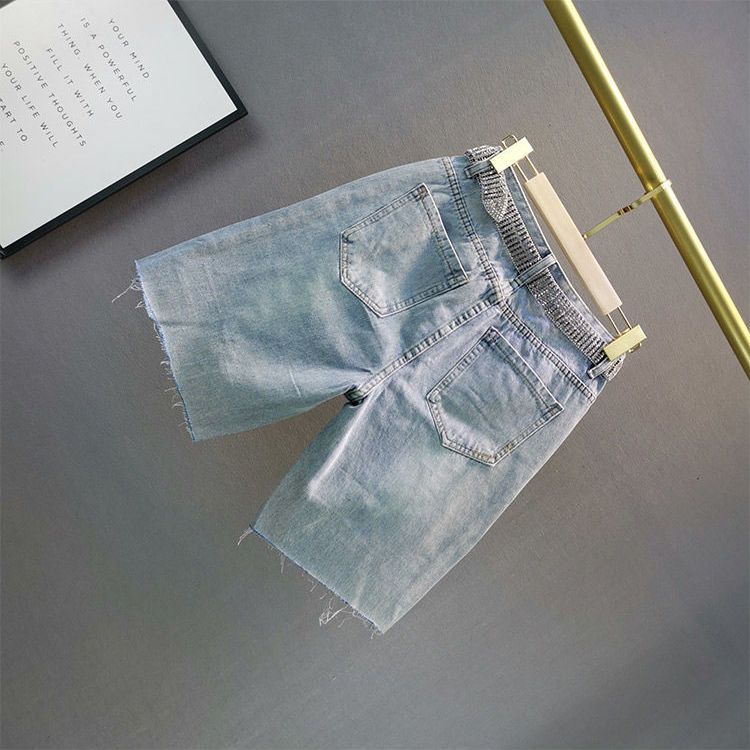 Jiashucheng Quần Short Denim Breeches Cạp Cao Dáng Rộng Rách Đính Đá Công Nghiệp Nóng Bỏng Phong Cách Mới