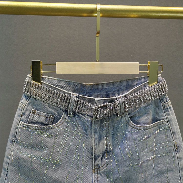 Jiashucheng Quần Short Denim Breeches Cạp Cao Dáng Rộng Rách Đính Đá Công Nghiệp Nóng Bỏng Phong Cách Mới