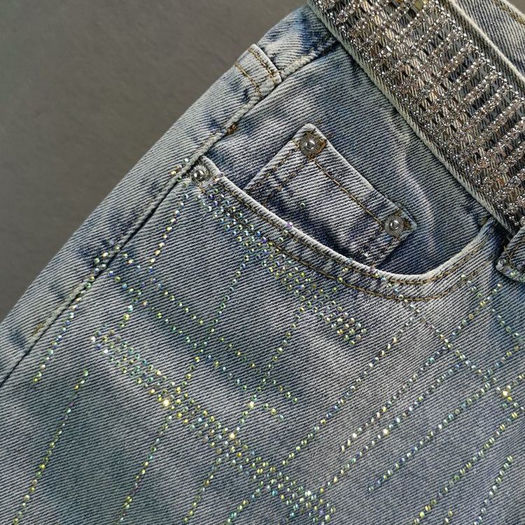 Jiashucheng Quần Short Denim Breeches Cạp Cao Dáng Rộng Rách Đính Đá Công Nghiệp Nóng Bỏng Phong Cách Mới