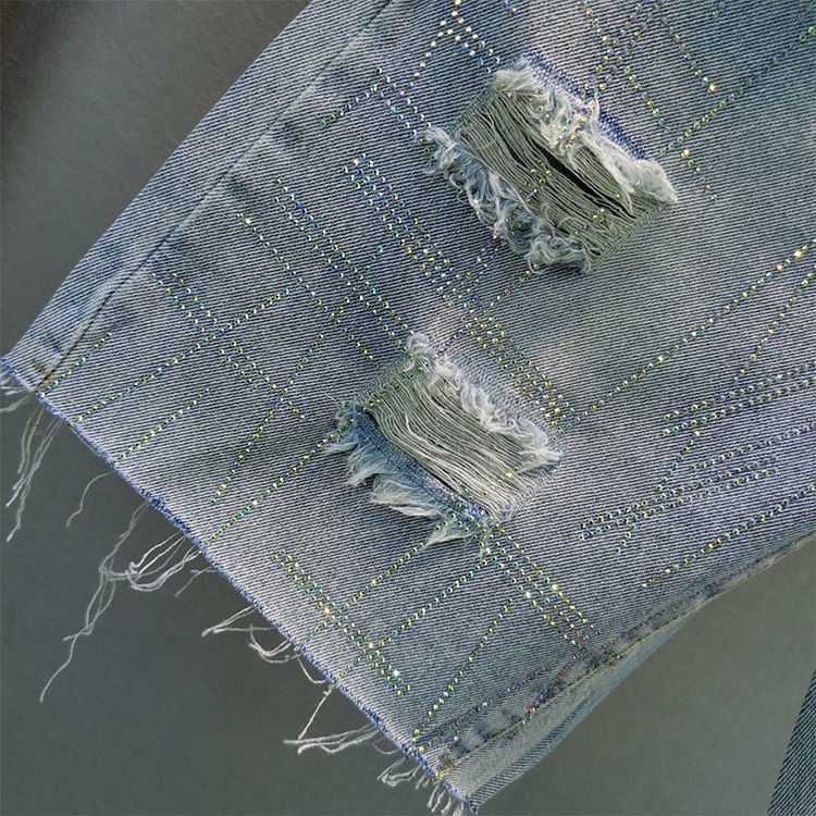 Jiashucheng Quần Short Denim Breeches Cạp Cao Dáng Rộng Rách Đính Đá Công Nghiệp Nóng Bỏng Phong Cách Mới