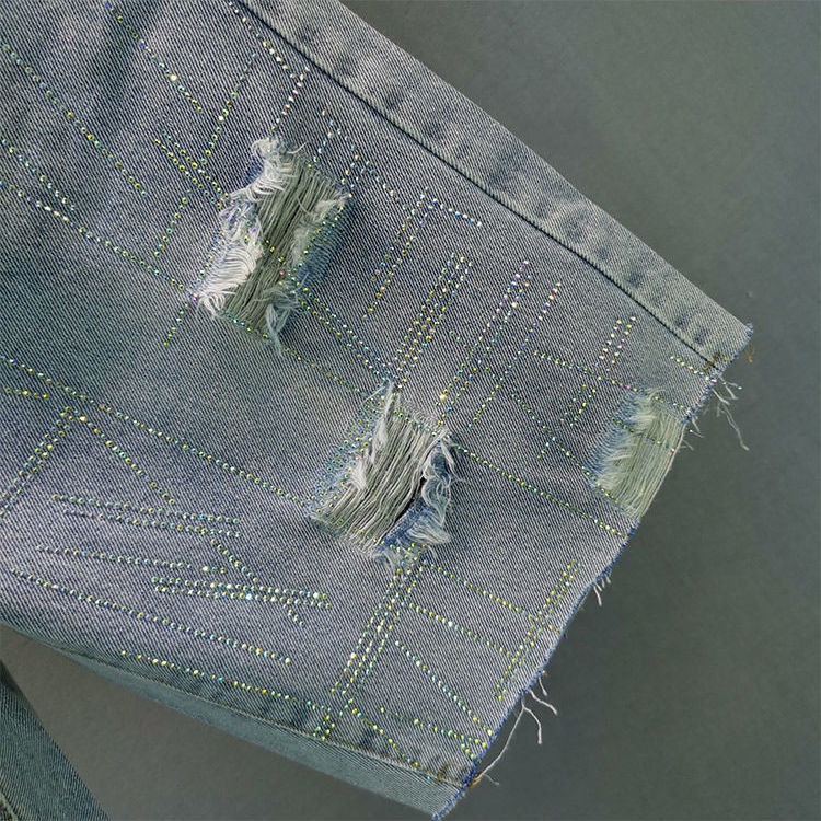 Jiashucheng Quần Short Denim Breeches Cạp Cao Dáng Rộng Rách Đính Đá Công Nghiệp Nóng Bỏng Phong Cách Mới