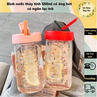 Bình nước thủy tinh 550ml có ống hút , có ngăn lọc trà