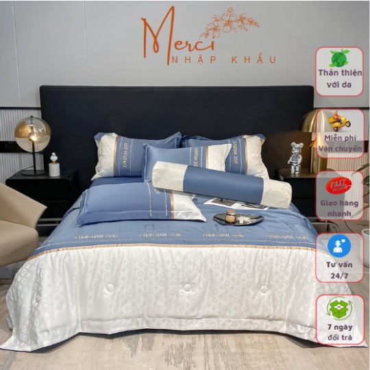 Bộ 5 món lụa vân chìm thương hiệu, chăn trần kèm vỏ ôm đồng bộ, sang trọng by MERCI