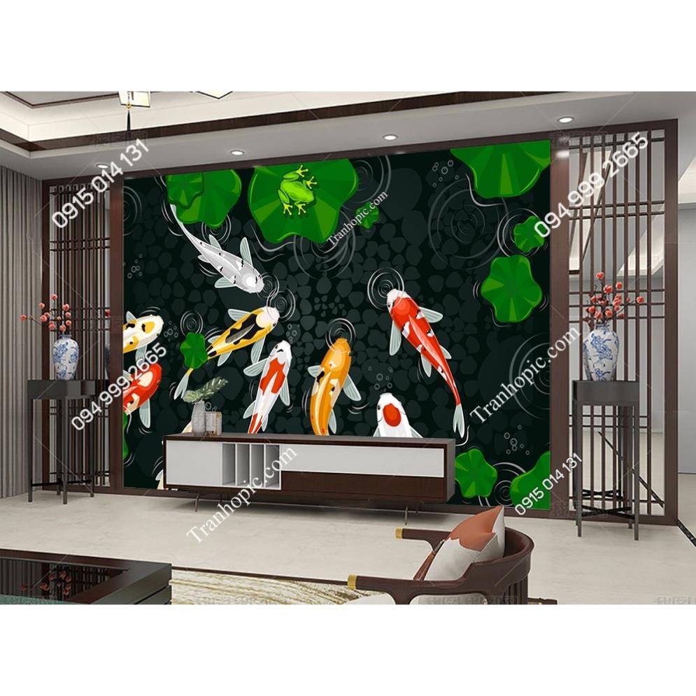 Tranh Decal hoa sen cá chép dán tường in 3D