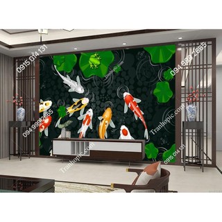 Tranh Decal hoa sen cá chép dán tường in 3D