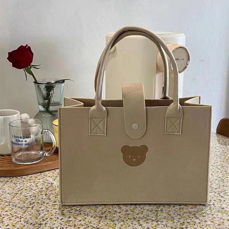 Túi vải nỉ gấu màu trà sữa 🍁FREESHIP🍁Túi xách nữ, túi vuông cầm tay hoạ tiết hình gấu siêu cute phong cách