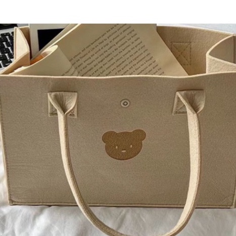 Túi vải nỉ gấu màu trà sữa 🍁FREESHIP🍁Túi xách nữ, túi vuông cầm tay hoạ tiết hình gấu siêu cute phong cách