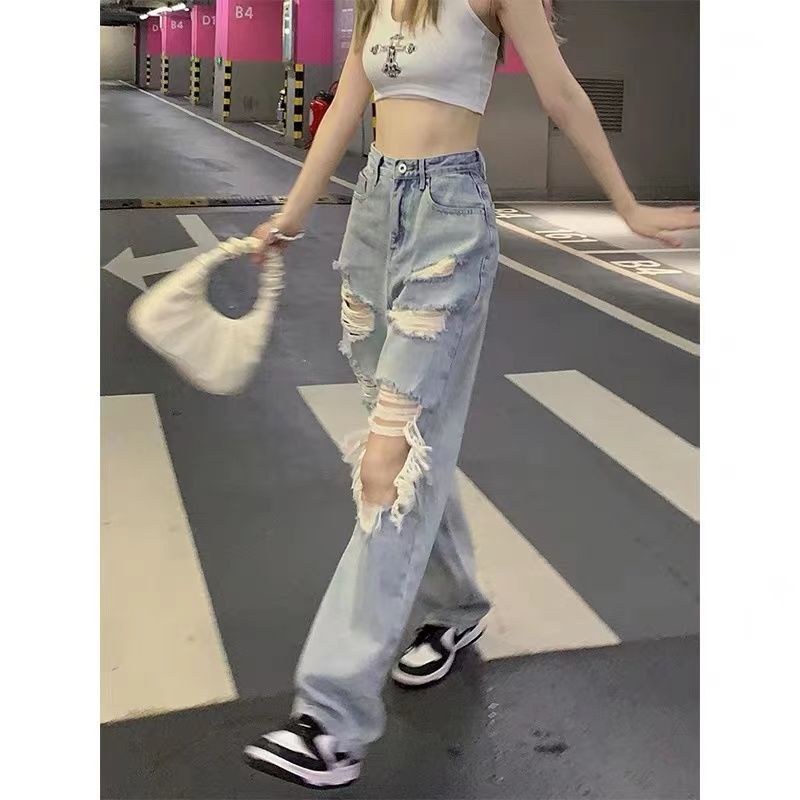 Quần Denim Lưng Cao Ống Rộng Phối Rách Thời Trang Mùa Thu Hàn Quốc 2023 Mới