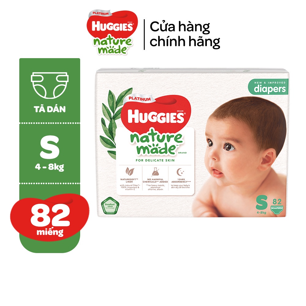 Tã/Bỉm dán sơ sinh Huggies Platinum NatureMade S82 (4-8kg)-Gói Super Jumbo 82 miếng