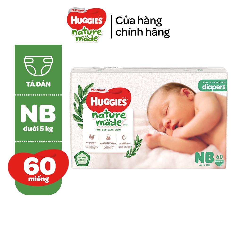 Tã/Bỉm dán sơ sinh Huggies Platinum NatureMade NB60 (dưới 5kg) Gói Jumbo 60 miếng