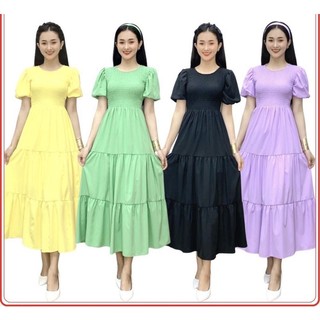 Váy đầm cổ Tròn nhún ba tầng tay bồng freesize lụa mango loại 1 dáng dài